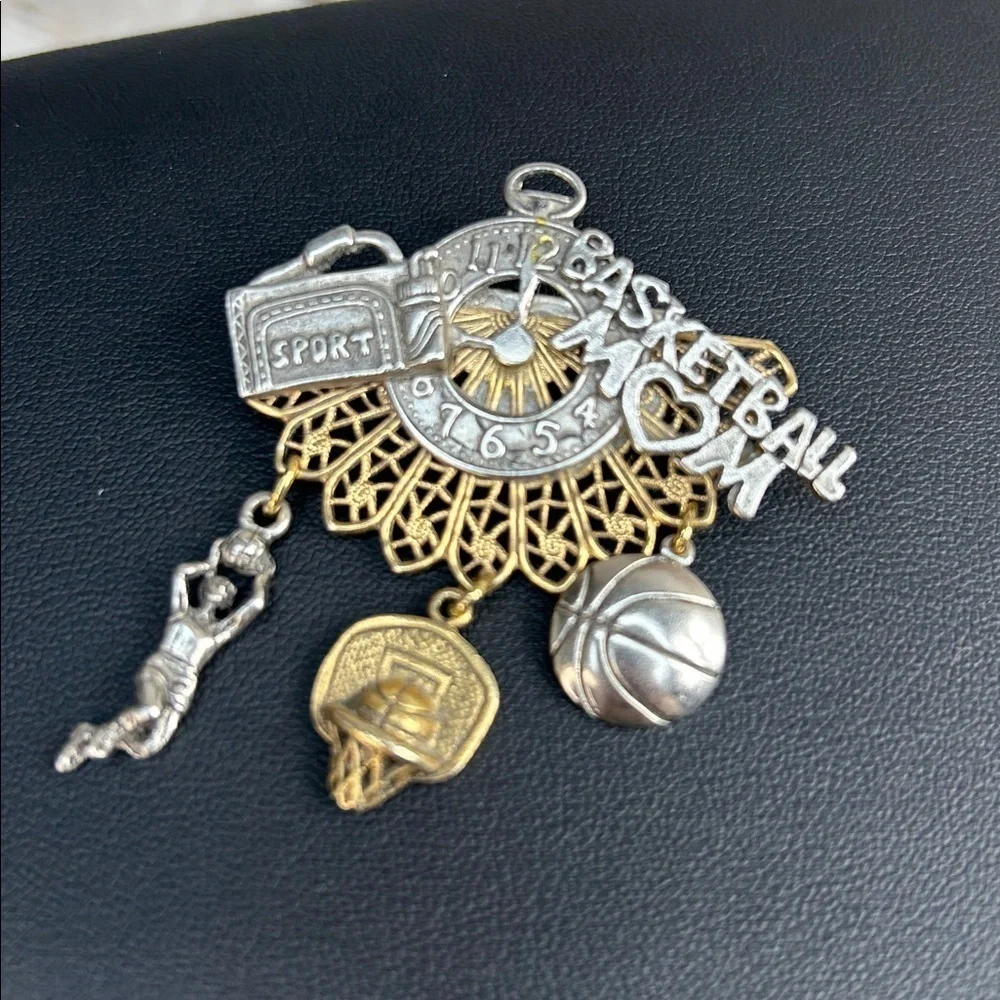 Vintage Gold and Silver Basketball Mom Charm Brooch